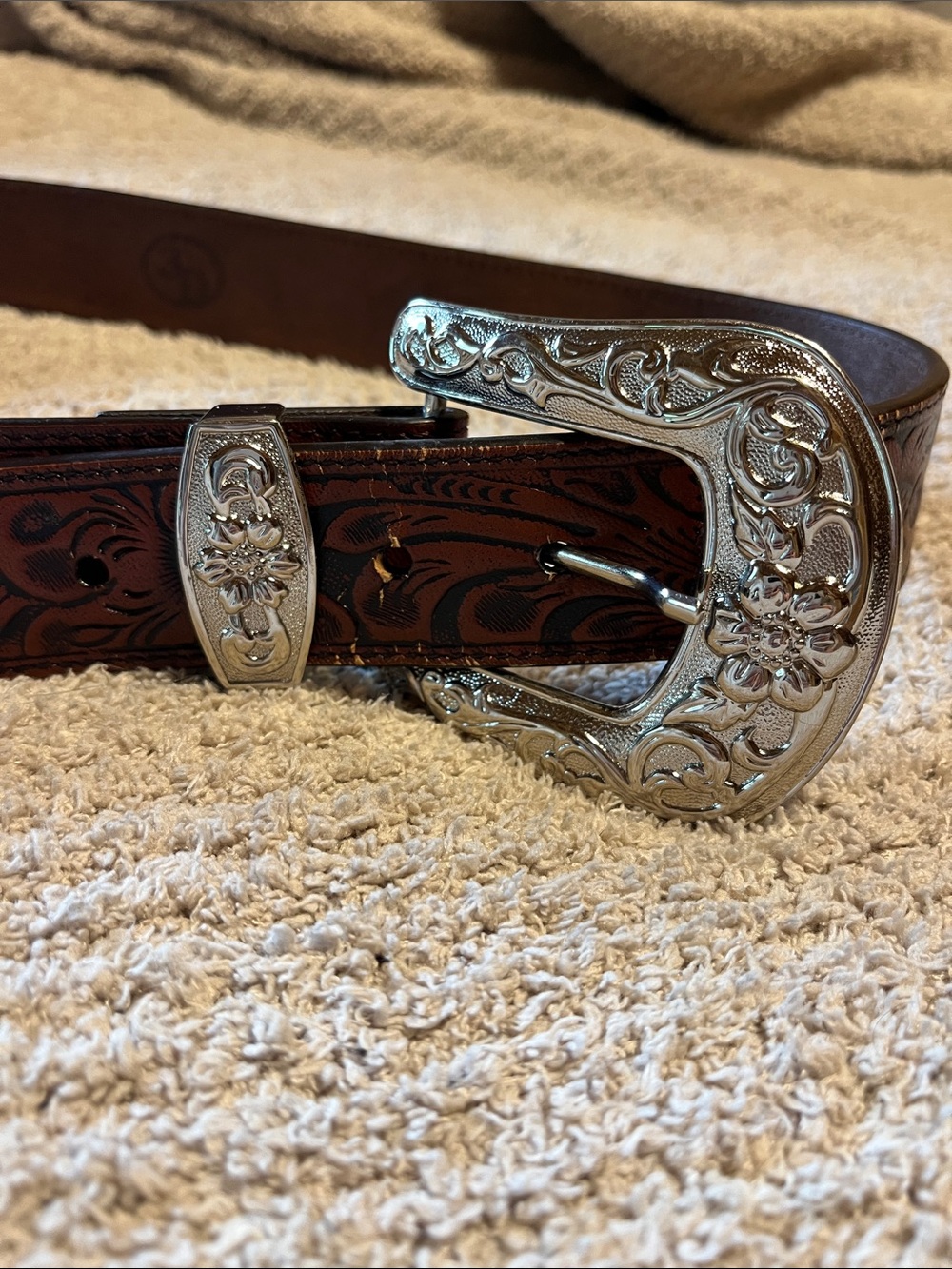 Brown Tooled Leather Western Belt with Silver Buckle